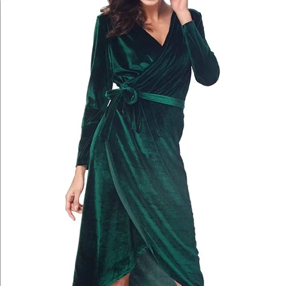 Elegant Velvet Ruffles Faux Wrap V-Neck Dress - Picture 2 of 7